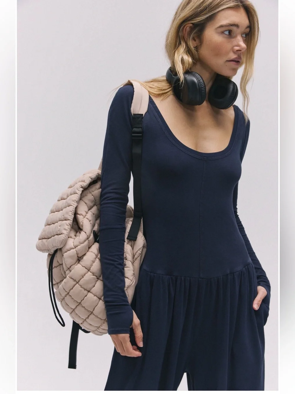 FP Movement hot shot wide-leg long sleeve onesie jumpsuit midnight navy blue